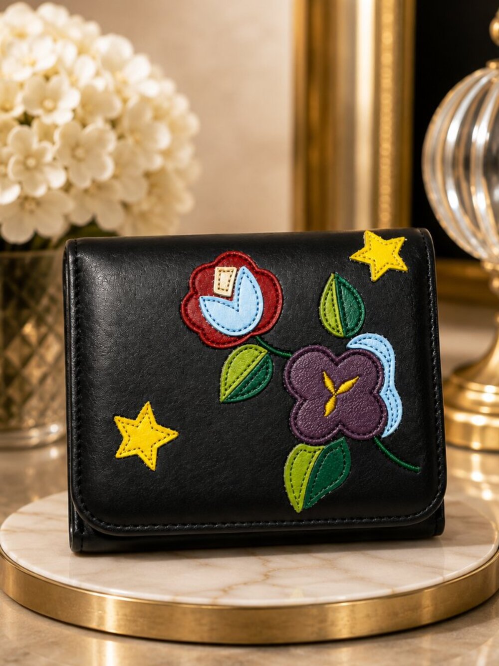 Keita Maruyama Black Floral Embroidered Bifold Wallet- Colorful Stars – Women's